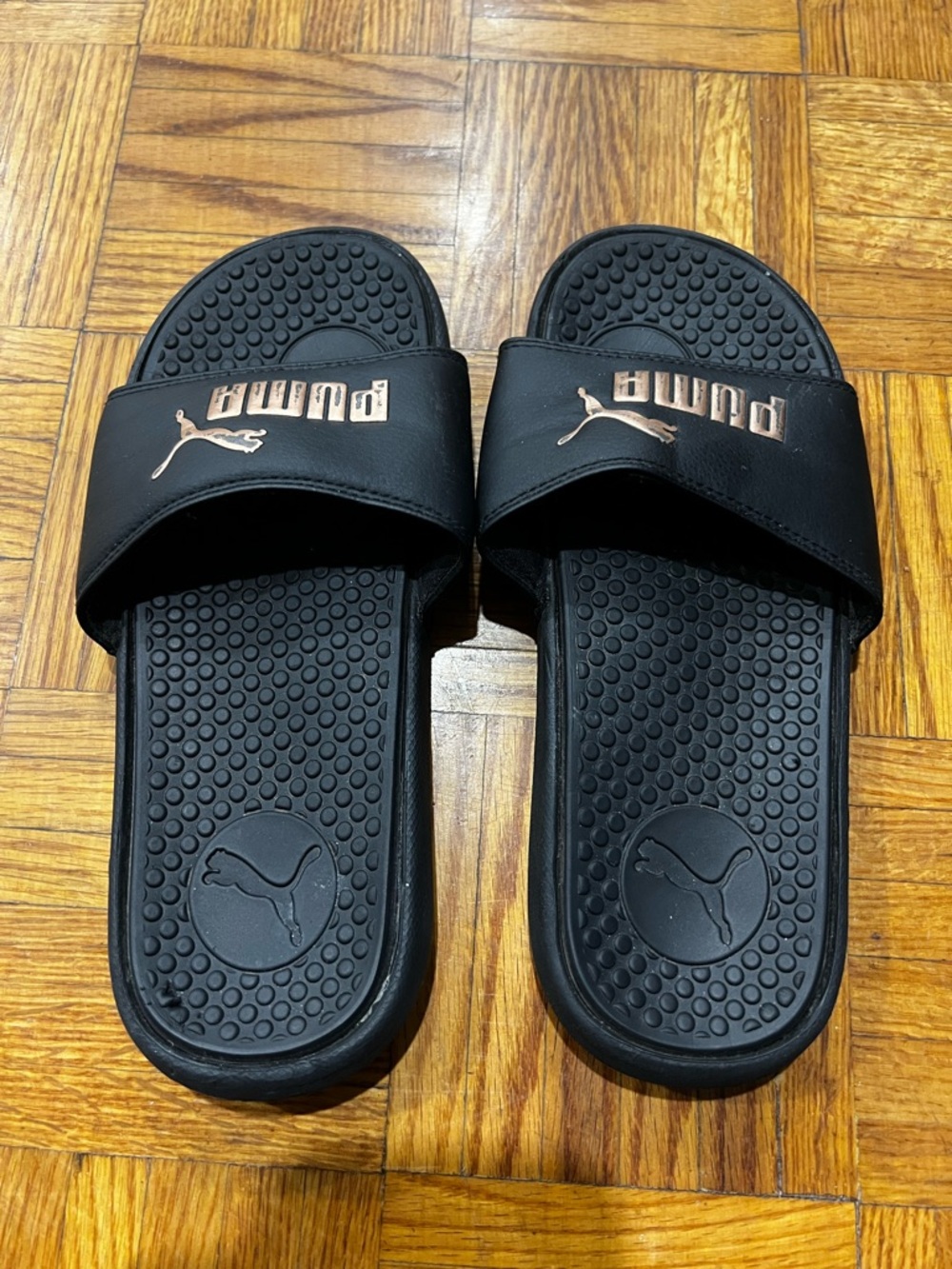 Puma Black Slides Slippers with Metallic Gold Logo Size 6